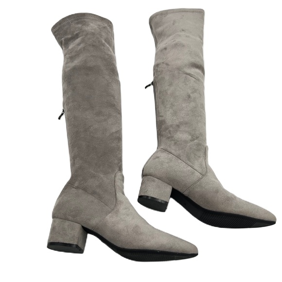 Faux Suede Over The Knee Boot Size 8 Point Toe Block Heel Gray Neutral Baddie - Picture 1 of 10